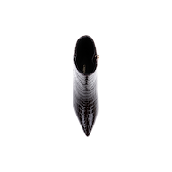 Top view of a single Lilly Kitten-Heel Bootie in dark brown, featuring crocodile-embossed leather, a pointed toe, and a side zipper, displayed on a plain white background.