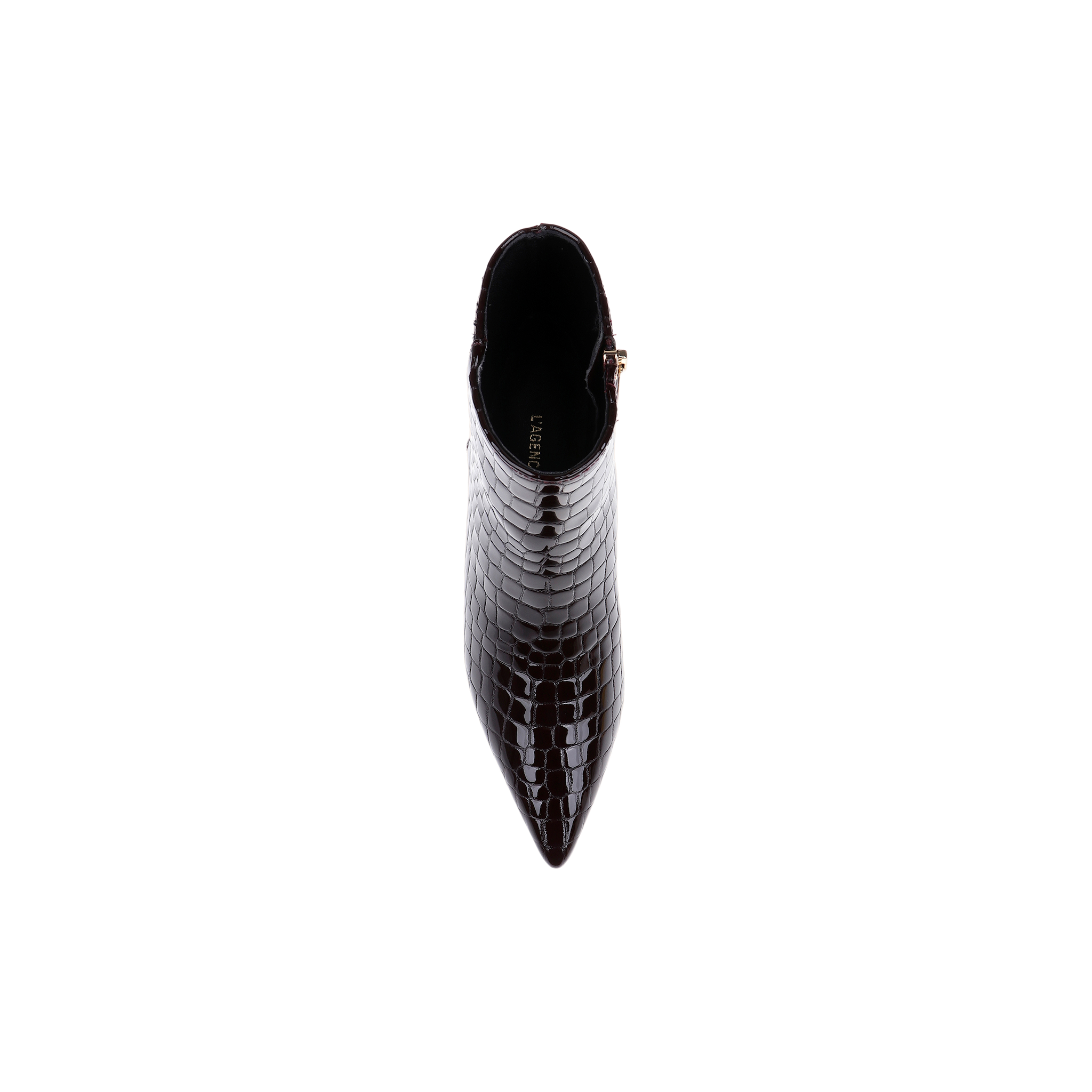 Top view of a single Lilly Kitten-Heel Bootie in dark brown, featuring crocodile-embossed leather, a pointed toe, and a side zipper, displayed on a plain white background.
