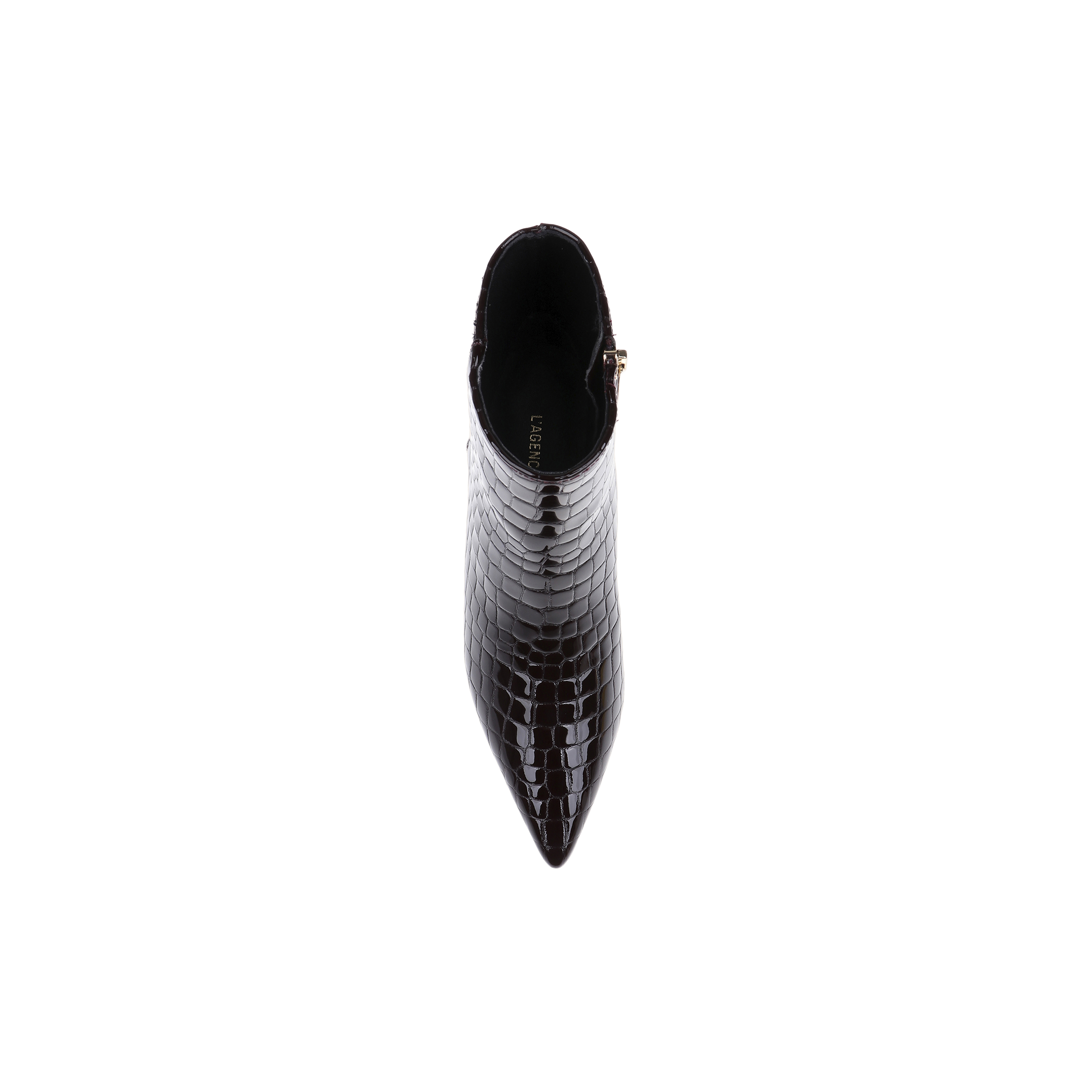 Top view of a single Lilly Kitten-Heel Bootie in dark brown, featuring crocodile-embossed leather, a pointed toe, and a side zipper, displayed on a plain white background.