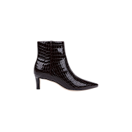 The Lilly Kitten-Heel Bootie is a black, crocodile-embossed leather ankle boot featuring a pointed toe and kitten heel, displayed on a plain white background.