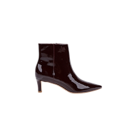 The Lilly Kitten-Heel Bootie is a shiny, dark brown ankle boot crafted from patent leather, featuring a pointed toe and a mid-height kitten heel, shown in profile on a plain white background.