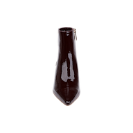 The Lilly Kitten-Heel Bootie, featuring a shiny dark burgundy patent leather finish, pointed toe, kitten heel, and side zipper, is displayed from the front against a white background.