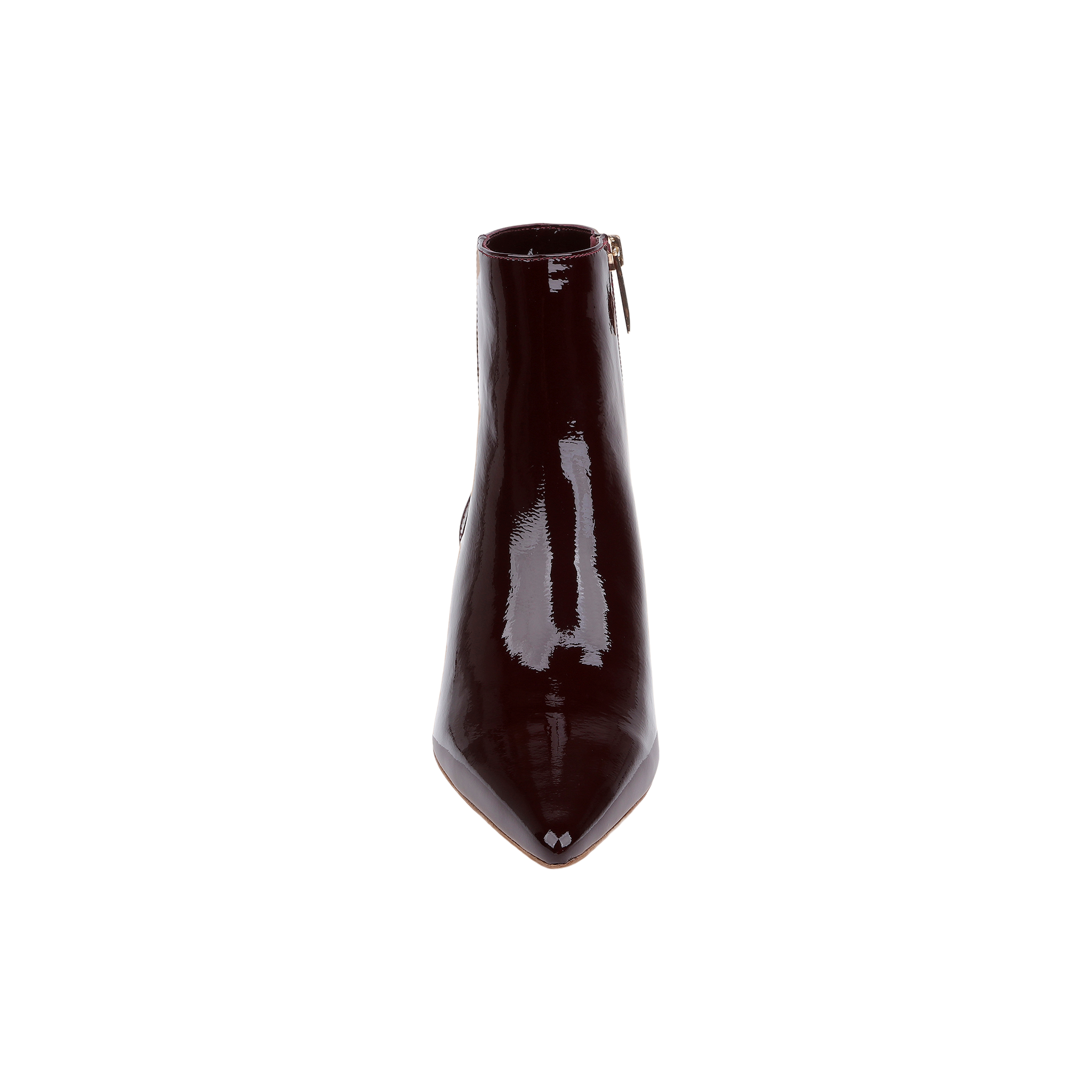The Lilly Kitten-Heel Bootie, featuring a shiny dark burgundy patent leather finish, pointed toe, kitten heel, and side zipper, is displayed from the front against a white background.