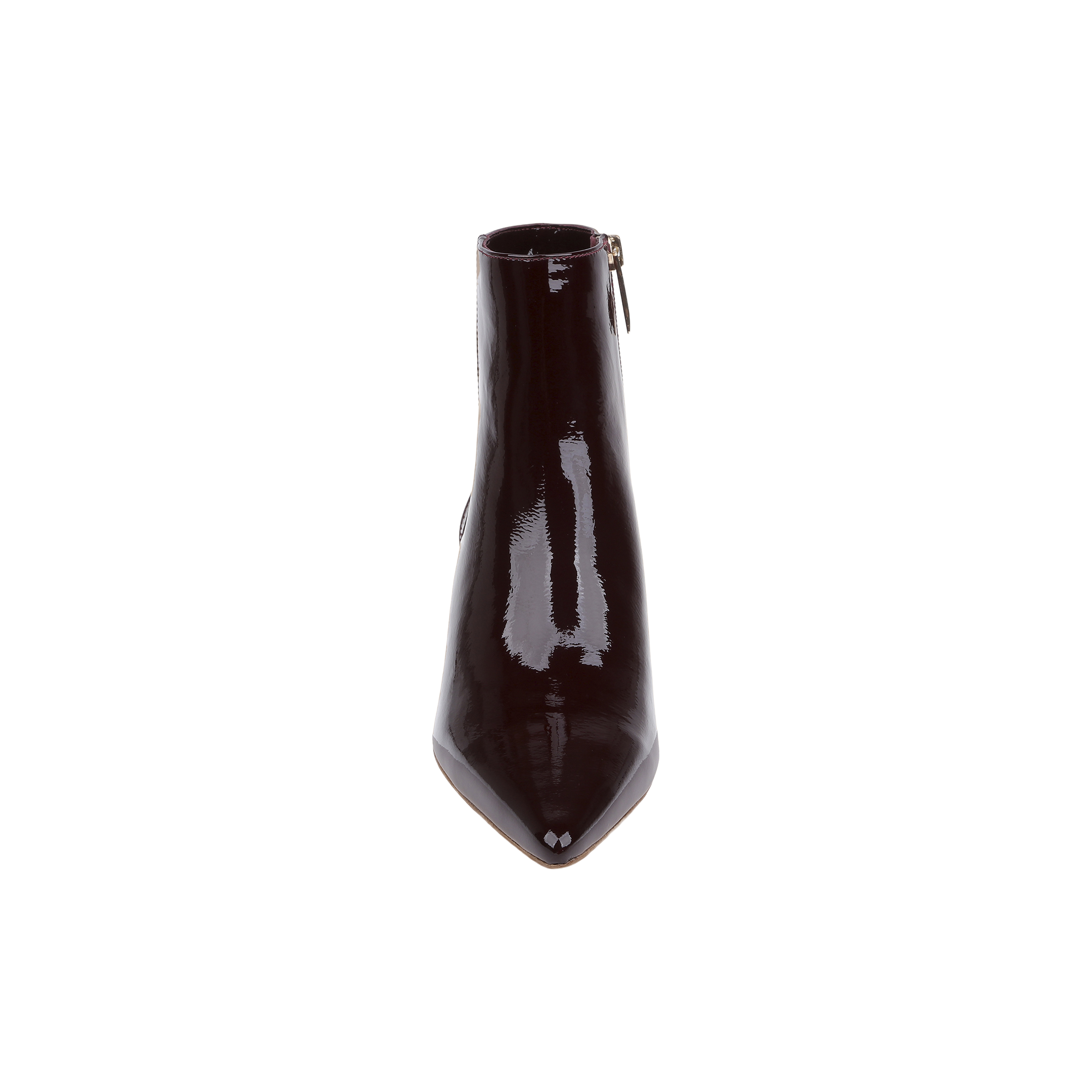 The Lilly Kitten-Heel Bootie, featuring a shiny dark burgundy patent leather finish, pointed toe, kitten heel, and side zipper, is displayed from the front against a white background.