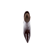 The Lilly Kitten-Heel Bootie, crafted from glossy burgundy patent leather, is shown from above with its pointed toe, side zipper, and sleek polished finish standing out against a plain white background.