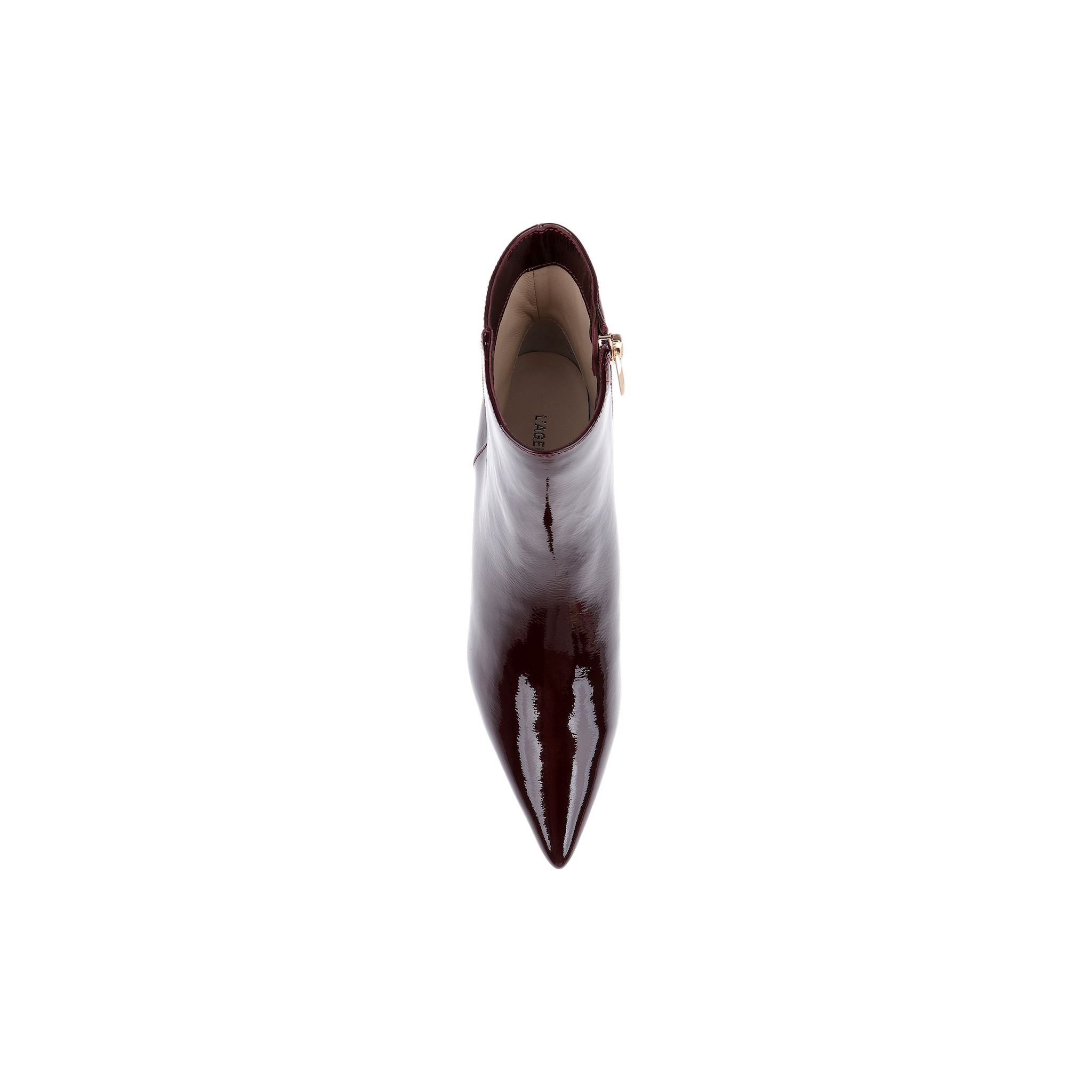 The Lilly Kitten-Heel Bootie, crafted from glossy burgundy patent leather, is shown from above with its pointed toe, side zipper, and sleek polished finish standing out against a plain white background.