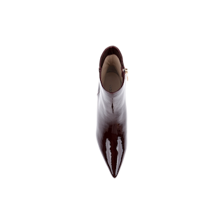 A top view of a single Lilly Kitten-Heel Bootie in shiny dark burgundy patent leather with a pointed toe and side zipper, displayed on a plain white background.