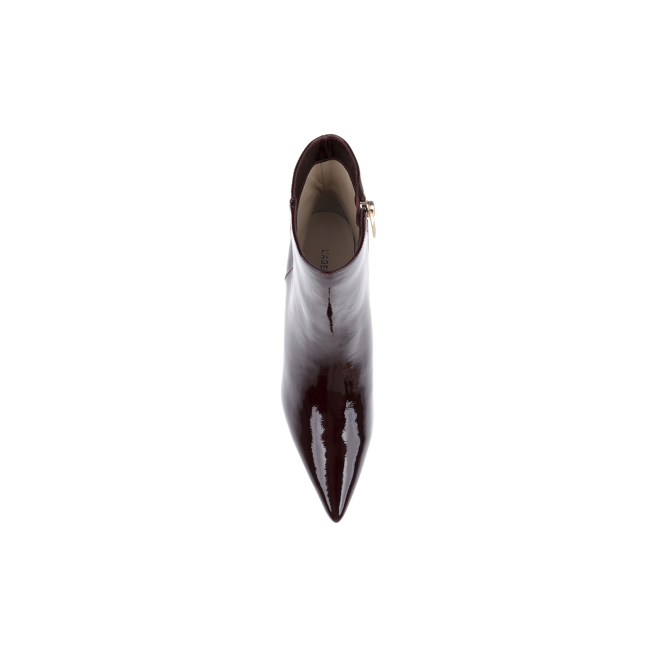 The Lilly Kitten-Heel Bootie, crafted from glossy burgundy patent leather, is shown from above with its pointed toe, side zipper, and sleek polished finish standing out against a plain white background.