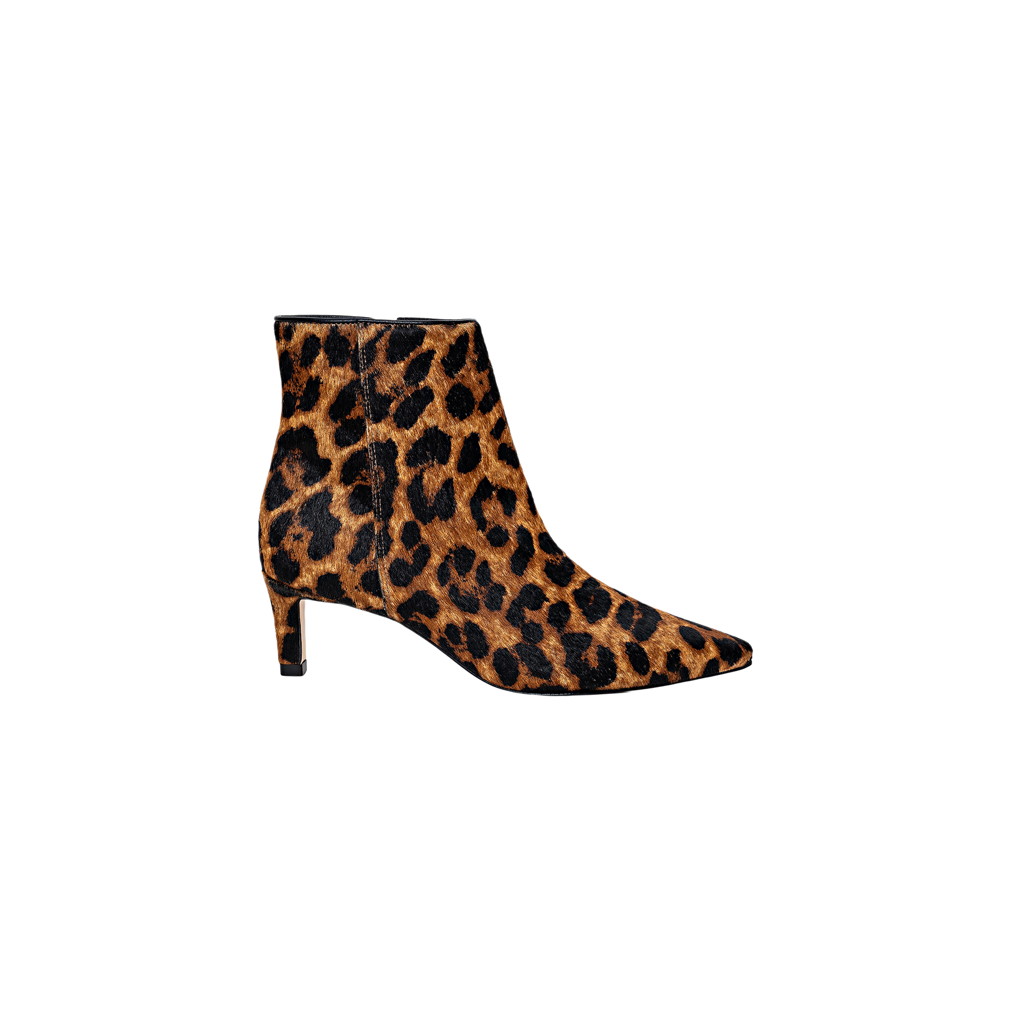 The Lilly Kitten-Heel Bootie is a single ankle-high city boot with a pointed toe and a low kitten heel, featuring a bold leopard-print pattern across the entire surface.