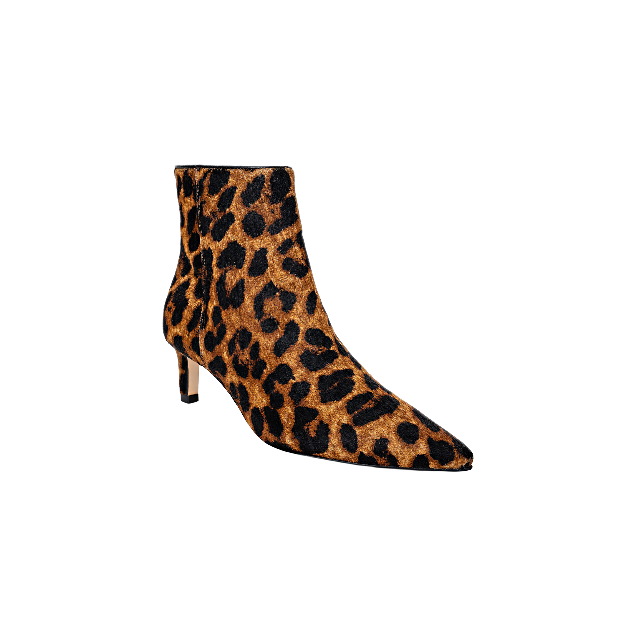 Introducing the Lilly Kitten-Heel Bootie: a single ankle-high city boot featuring a pointed toe, slender kitten heel, and a striking brown and black leopard-print upper, showcased against a plain white background.