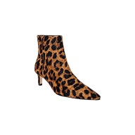 Introducing the Lilly Kitten-Heel Bootie: a single ankle-high city boot featuring a pointed toe, slender kitten heel, and a striking brown and black leopard-print upper, showcased against a plain white background.