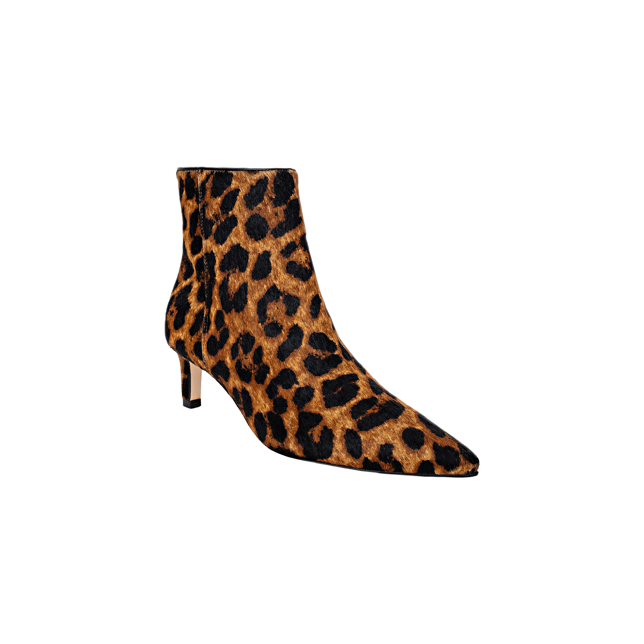 Introducing the Lilly Kitten-Heel Bootie: a single ankle-high city boot featuring a pointed toe, slender kitten heel, and a striking brown and black leopard-print upper, showcased against a plain white background.