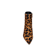 The Lilly Kitten-Heel Bootie, featuring a leopard print, pointed toe, and chic kitten heel, is displayed from above against a plain white background.
