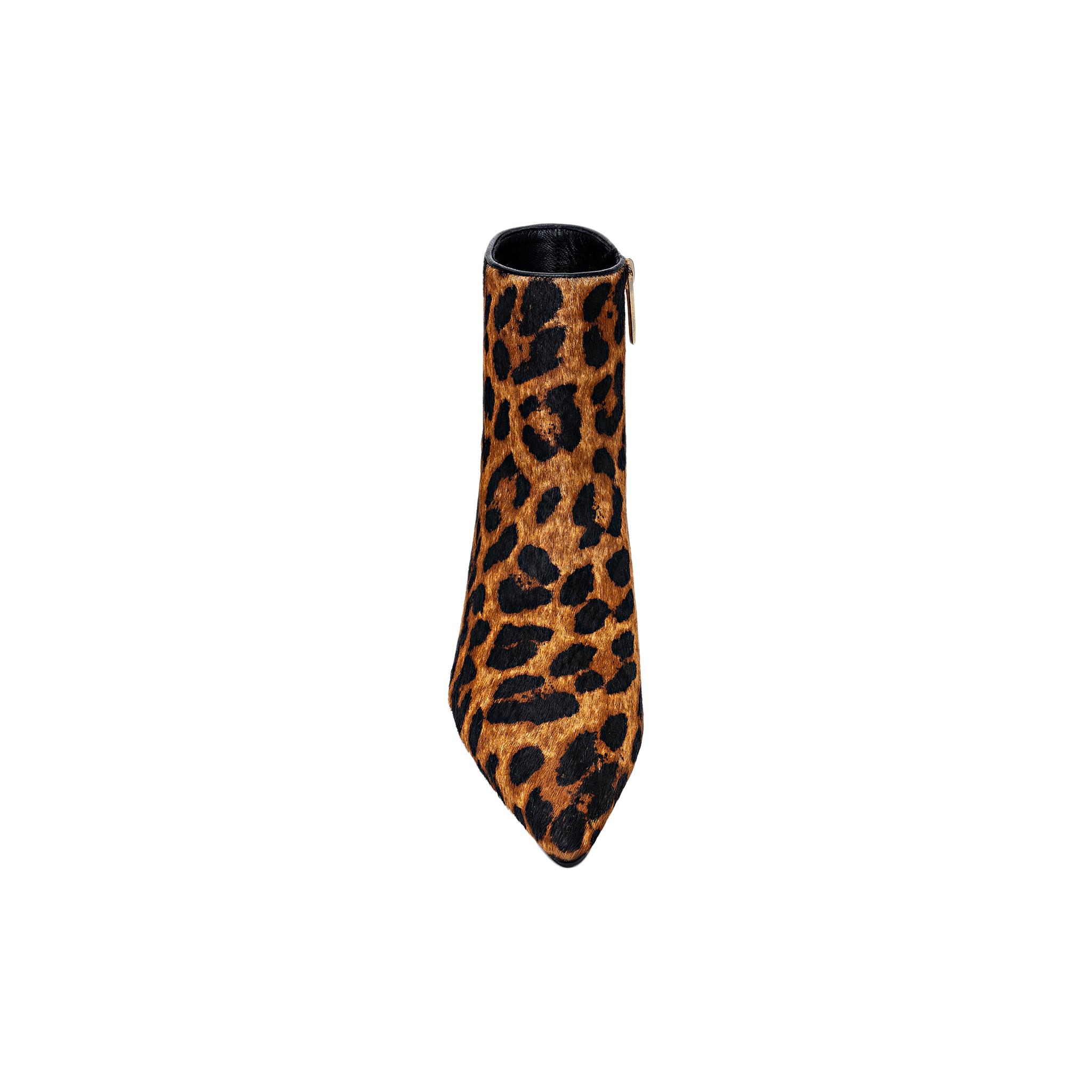 The Lilly Kitten-Heel Bootie, featuring a leopard print, pointed toe, and chic kitten heel, is displayed from above against a plain white background.