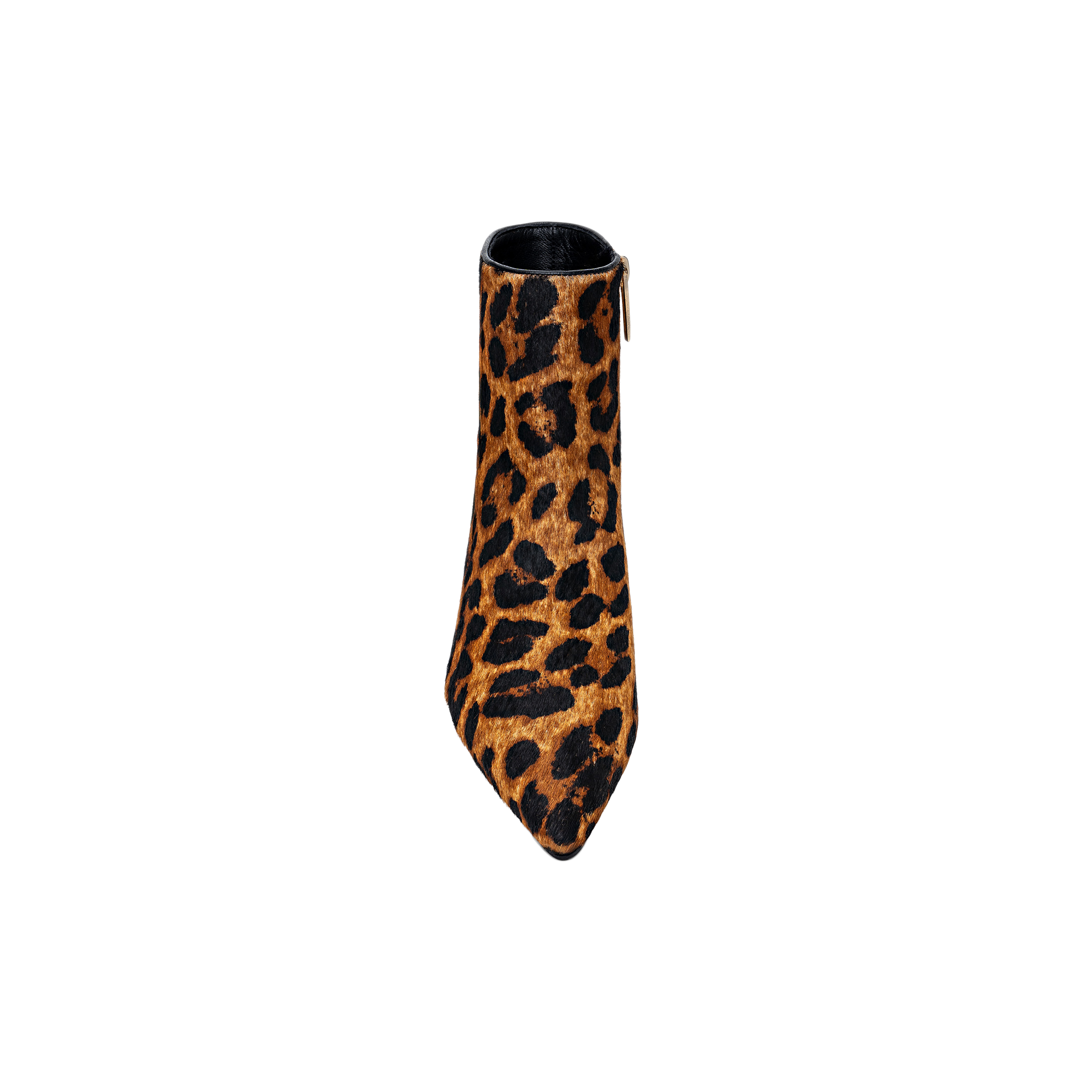 The Lilly Kitten-Heel Bootie, featuring a leopard print, pointed toe, and chic kitten heel, is displayed from above against a plain white background.