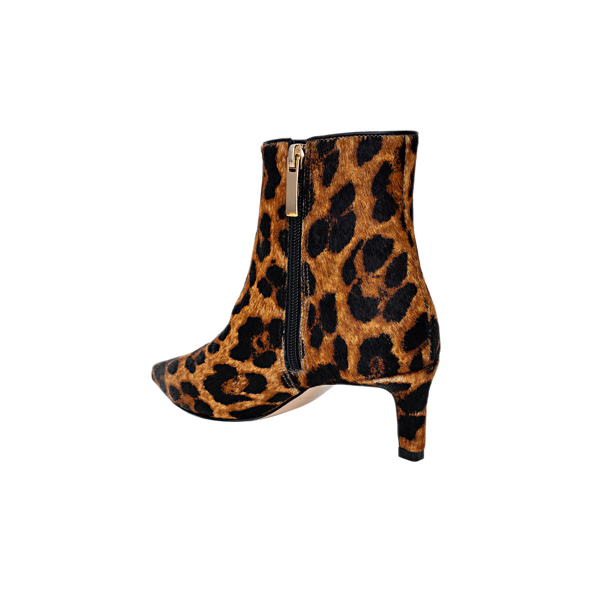 Lilly Kitten-Heel Bootie in leopard print, showcasing a pointed toe, low kitten heel, and easy-access side zipper, presented against a plain white background.