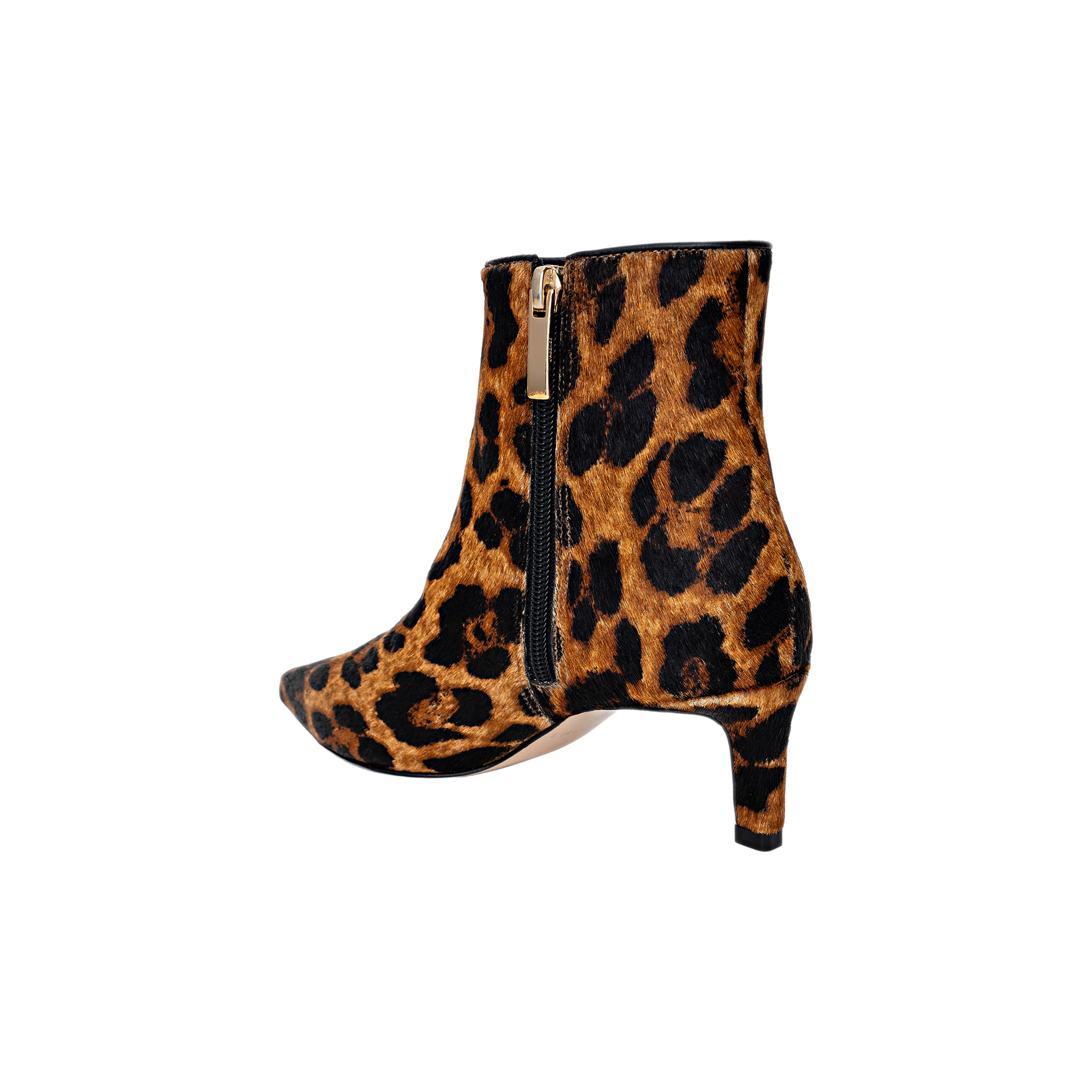 Lilly Kitten-Heel Bootie in leopard print, showcasing a pointed toe, low kitten heel, and easy-access side zipper, presented against a plain white background.