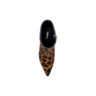 Top view of the Lilly Kitten-Heel Bootie, a pointed-toe ankle city boot featuring a leopard-print pattern and a side zipper, set against a plain white background.