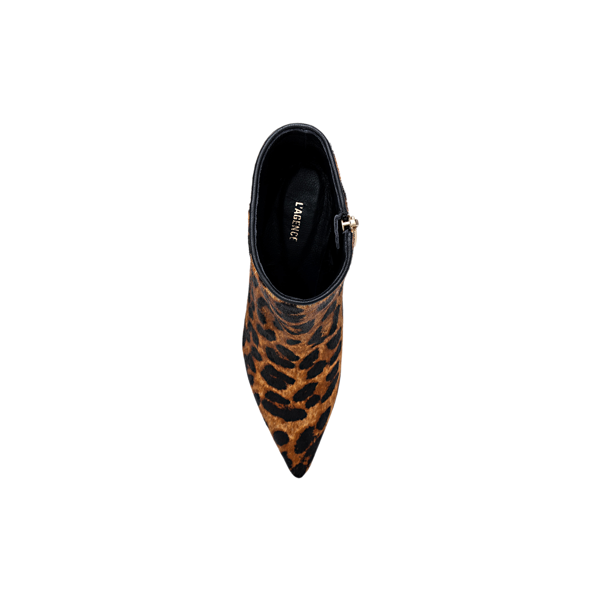 Top view of the Lilly Kitten-Heel Bootie, a pointed-toe ankle city boot featuring a leopard-print pattern and a side zipper, set against a plain white background.