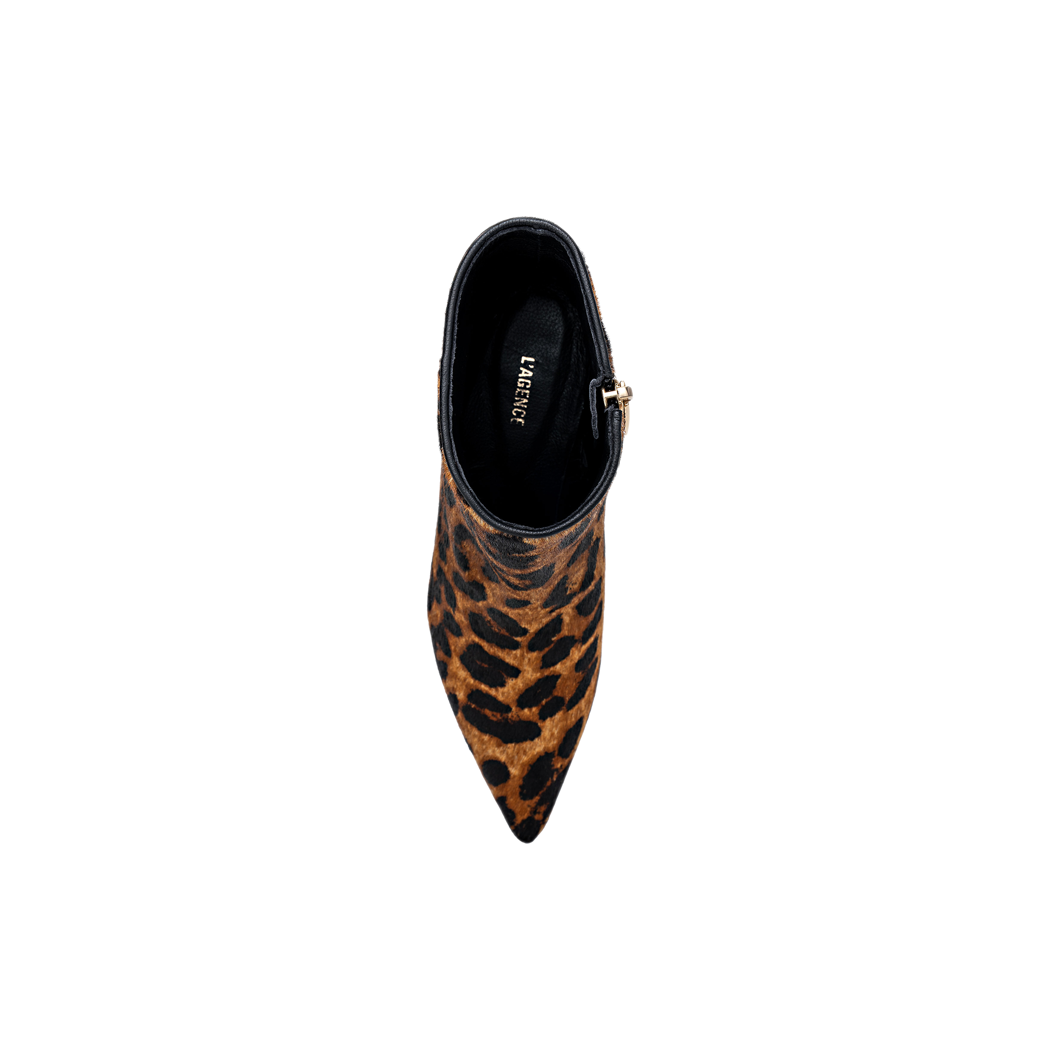 Top view of the Lilly Kitten-Heel Bootie, a pointed-toe ankle city boot featuring a leopard-print pattern and a side zipper, set against a plain white background.