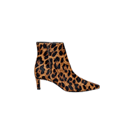The Lilly Kitten-Heel Bootie features a chic pointed toe and stylish kitten heel, adorned with a bold brown and black leopard-print pattern on a white background.