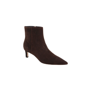 Lilly Kitten-Heel Bootie in dark brown suede with a pointed toe and low kitten heel, shown against a plain white background.