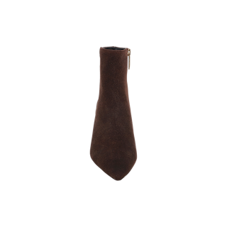 Top view of the Lilly Kitten-Heel Bootie in brown suede, showcasing its pointed toe, side zipper, and subtle kitten heel, displayed on a plain white background.