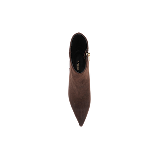 Top view of a single Lilly Kitten-Heel Bootie in dark brown suede, featuring a pointed toe, kitten heel, and side zipper, displayed on a plain white background.