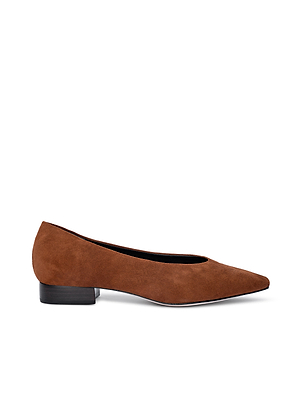 The Suzanne Ballerina Flat is a buckskin suede shoe with a pointed toe, elegant low heel, and memory foam insole. Shown in side view on a white background.