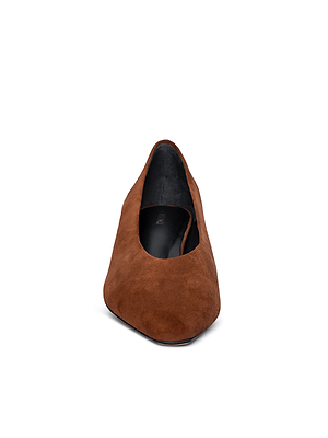 Front view of the Suzanne Ballerina Flat in buckskin suede, featuring a rounded square toe, low-cut vamp, and cushioned memory foam insole, photographed against a white background.