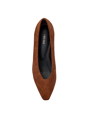 A top view of the Suzanne Ballerina Flat for women in brown buckskin suede, featuring a pointed toe and black memory foam insole, displayed on a white background.