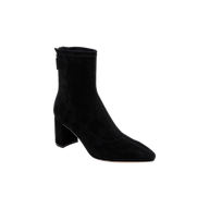 Salome Stretch Suede Boot in black suede, featuring a block heel, pointed toe, and side zipper, displayed against a plain white background.