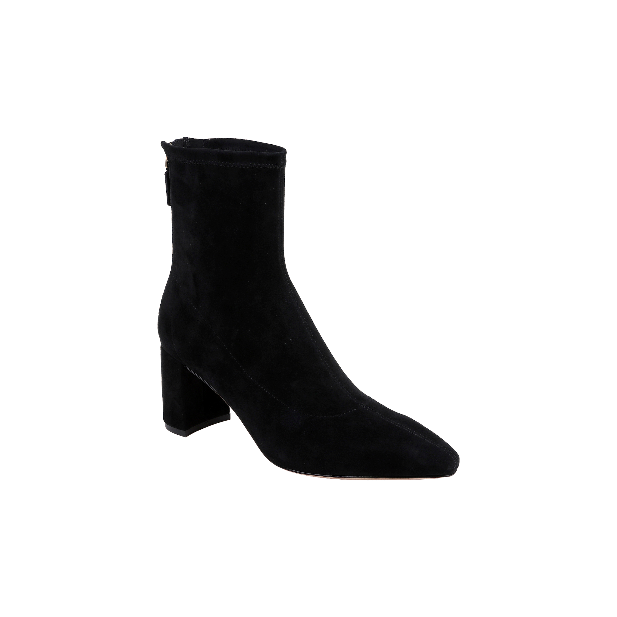 Salome Stretch Suede Boot in black suede, featuring a block heel, pointed toe, and side zipper, displayed against a plain white background.