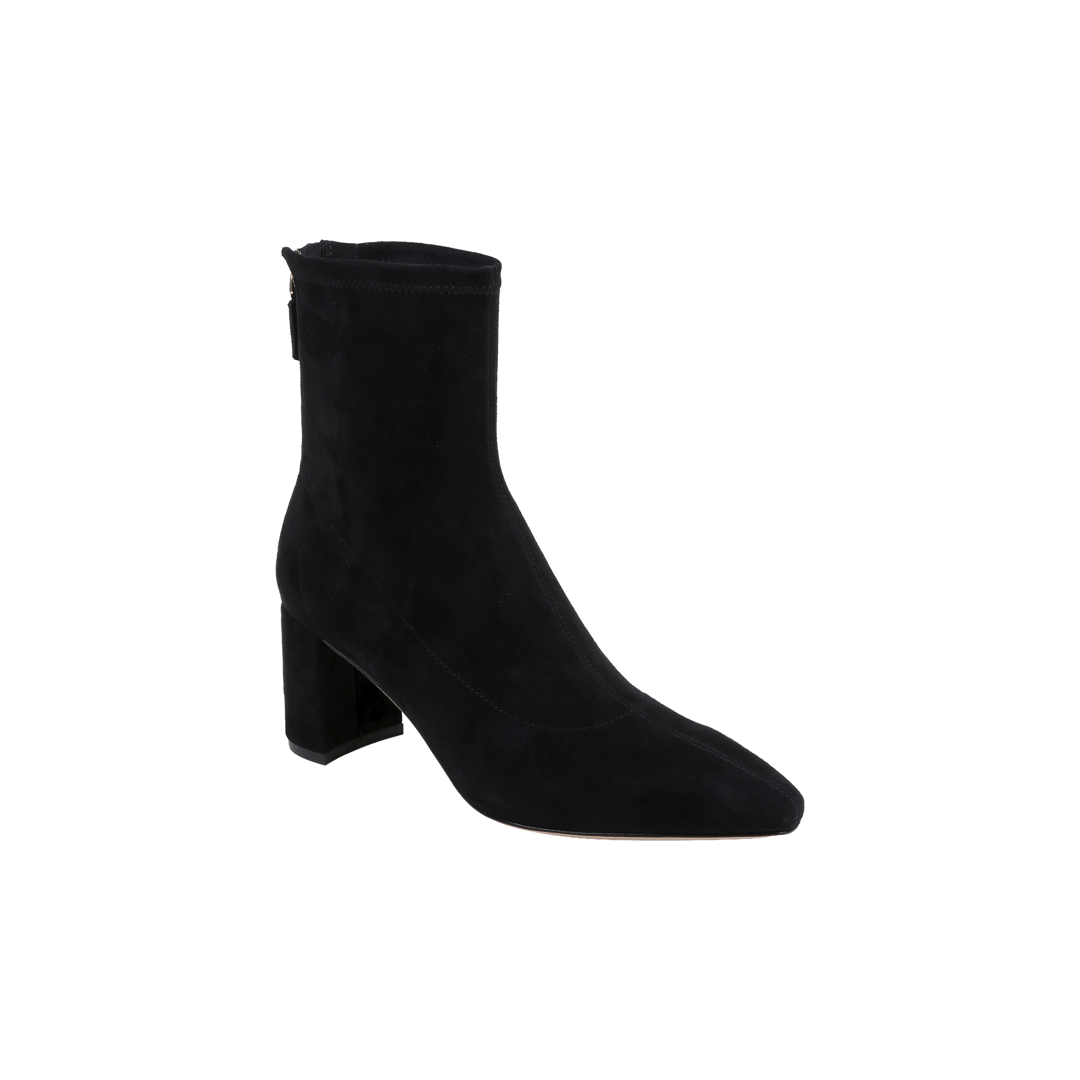 Salome Stretch Suede Boot in black suede, featuring a block heel, pointed toe, and side zipper, displayed against a plain white background.
