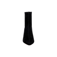 A front view of the Salome Stretch Suede Boot in black, featuring a pointed toe and a sleek block heel, photographed against a plain white background.