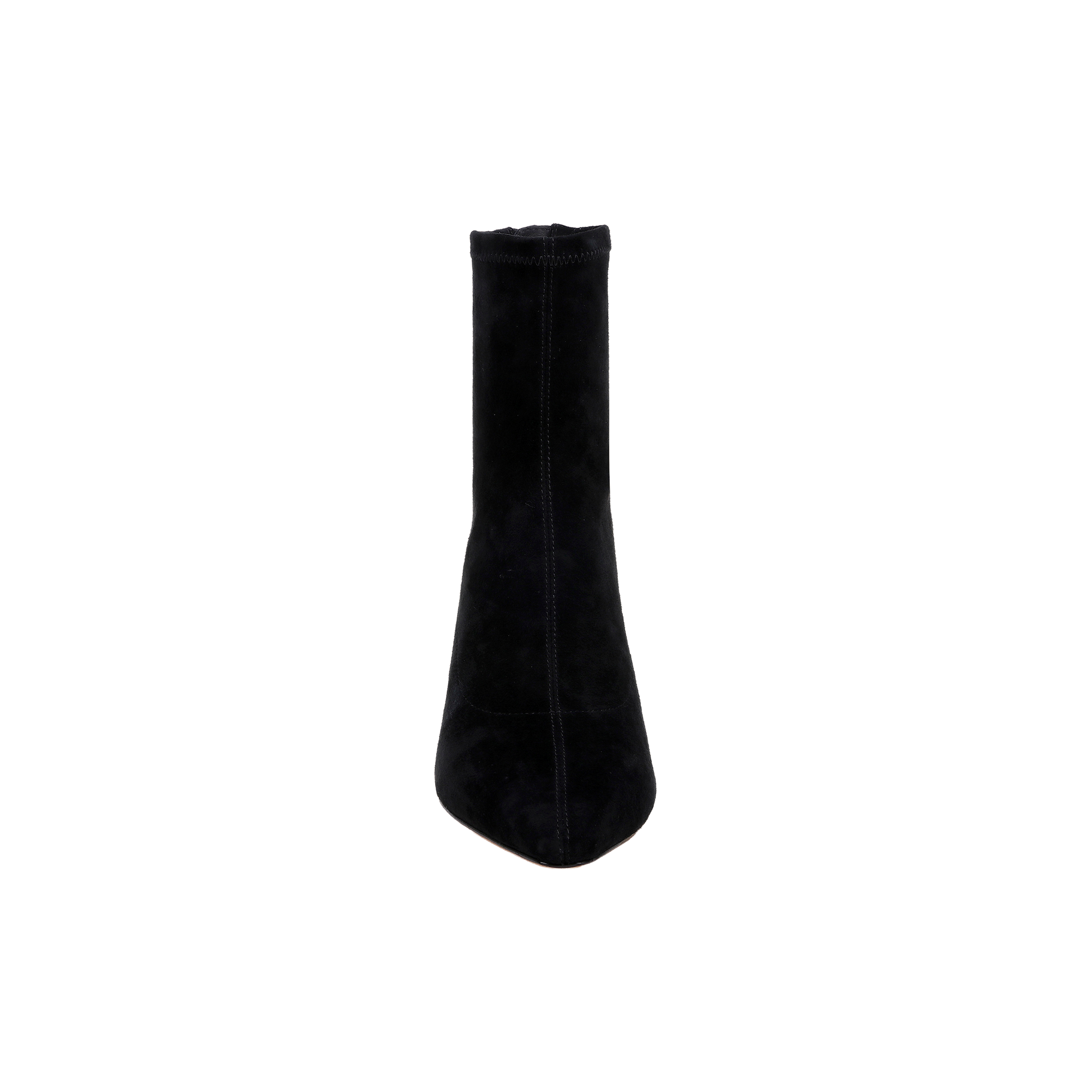 A front view of the Salome Stretch Suede Boot in black, featuring a pointed toe and a sleek block heel, photographed against a plain white background.