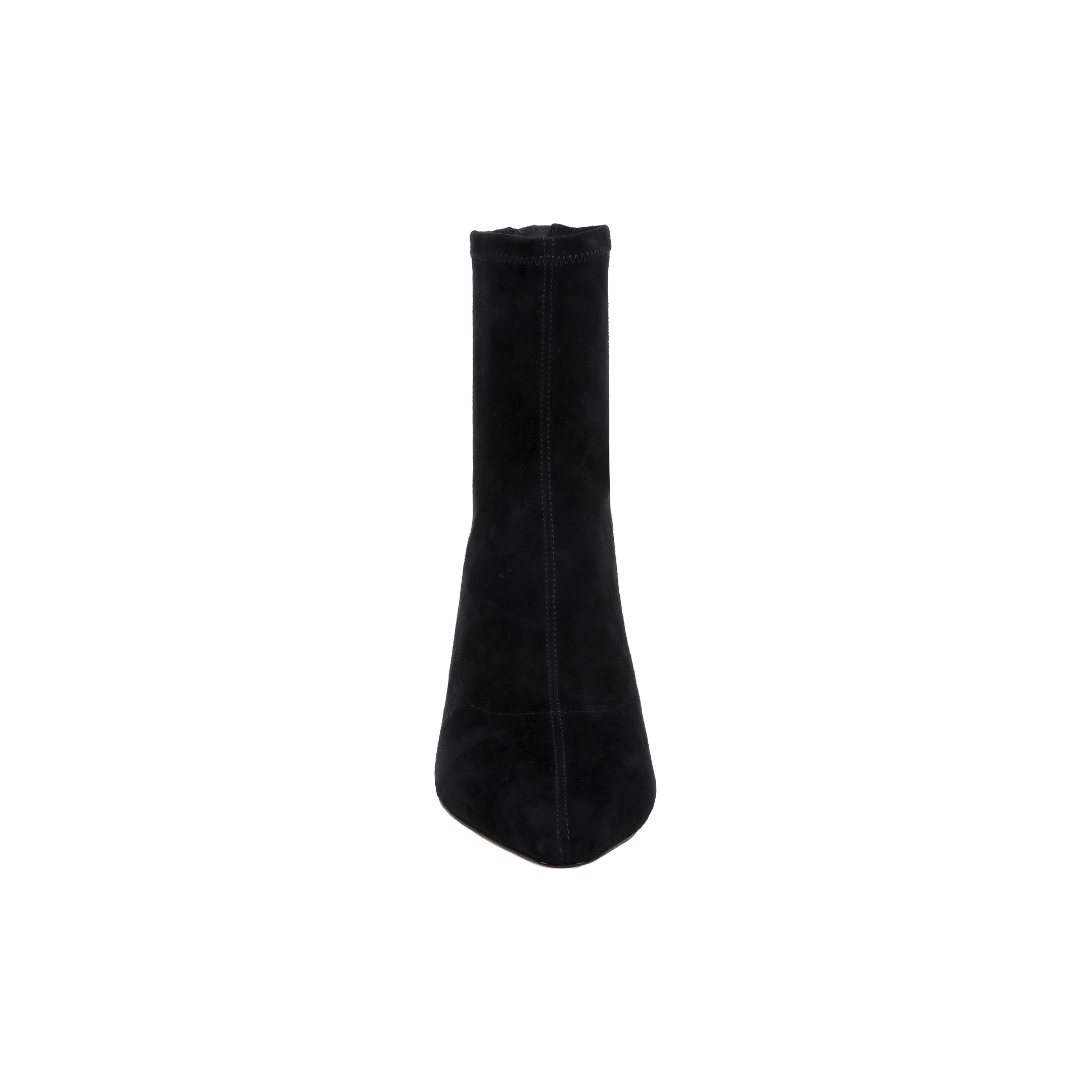 A front view of the Salome Stretch Suede Boot in black, featuring a pointed toe and a sleek block heel, photographed against a plain white background.