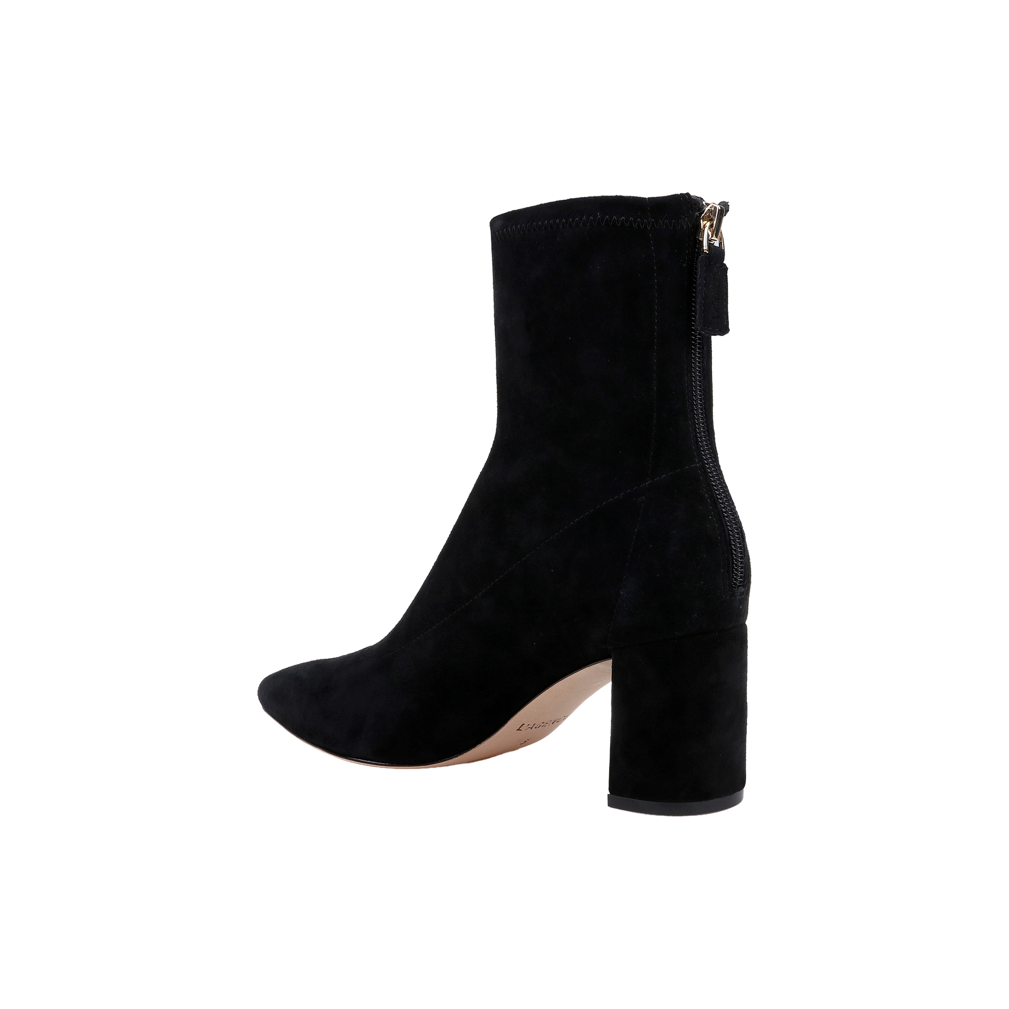 The Salome Stretch Suede Boot is a black ankle boot with a mid-high block heel, shown in side view. This boot features a pointed toe and a visible back zipper, all set against a plain white background.