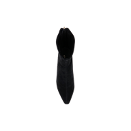 Top view of a single Salome Stretch Suede Boot in black, featuring a pointed toe and block heel, photographed on a plain white background.