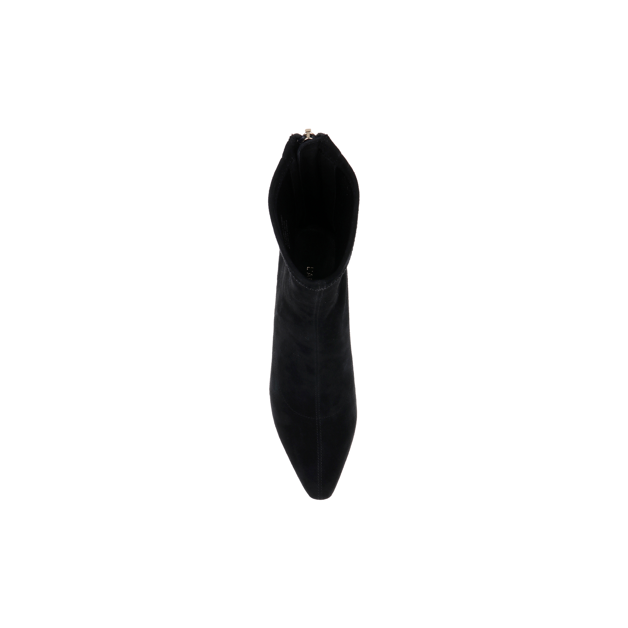 Top view of a single Salome Stretch Suede Boot in black, featuring a pointed toe and block heel, photographed on a plain white background.