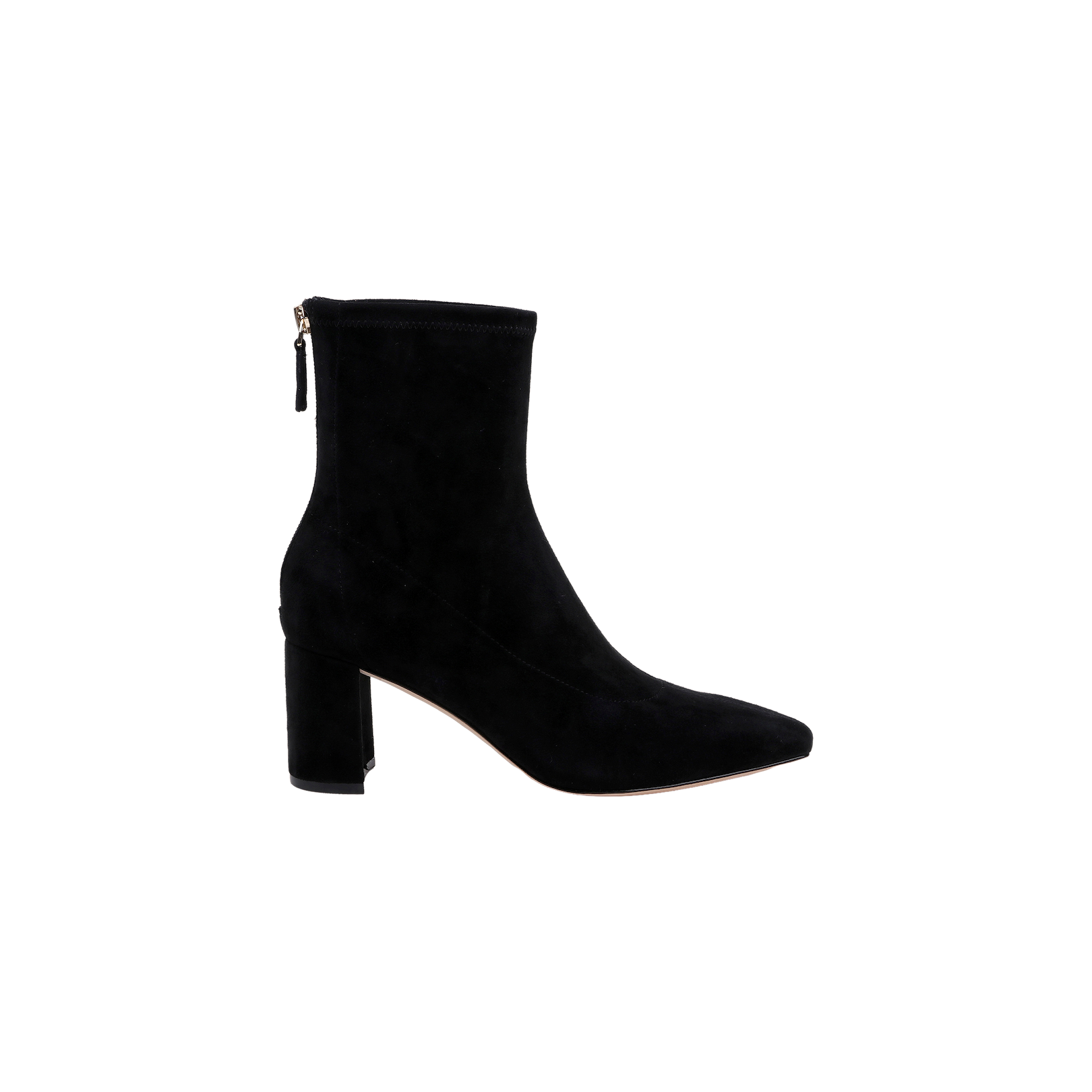 Salome Stretch Suede Boot in black suede features a pointed toe, block heel, and a zipper at the back. Photographed against a plain white background, this ankle boot is shown from the side to highlight its silhouette.