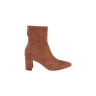 The Salome Stretch Suede Boot is shown as a single brown ankle boot, featuring a block heel and a side zipper, displayed against a plain white background.