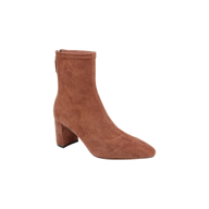 The Salome Stretch Suede Boot is shown as a single brown ankle boot with a block heel and a back zipper, displayed on a white background.