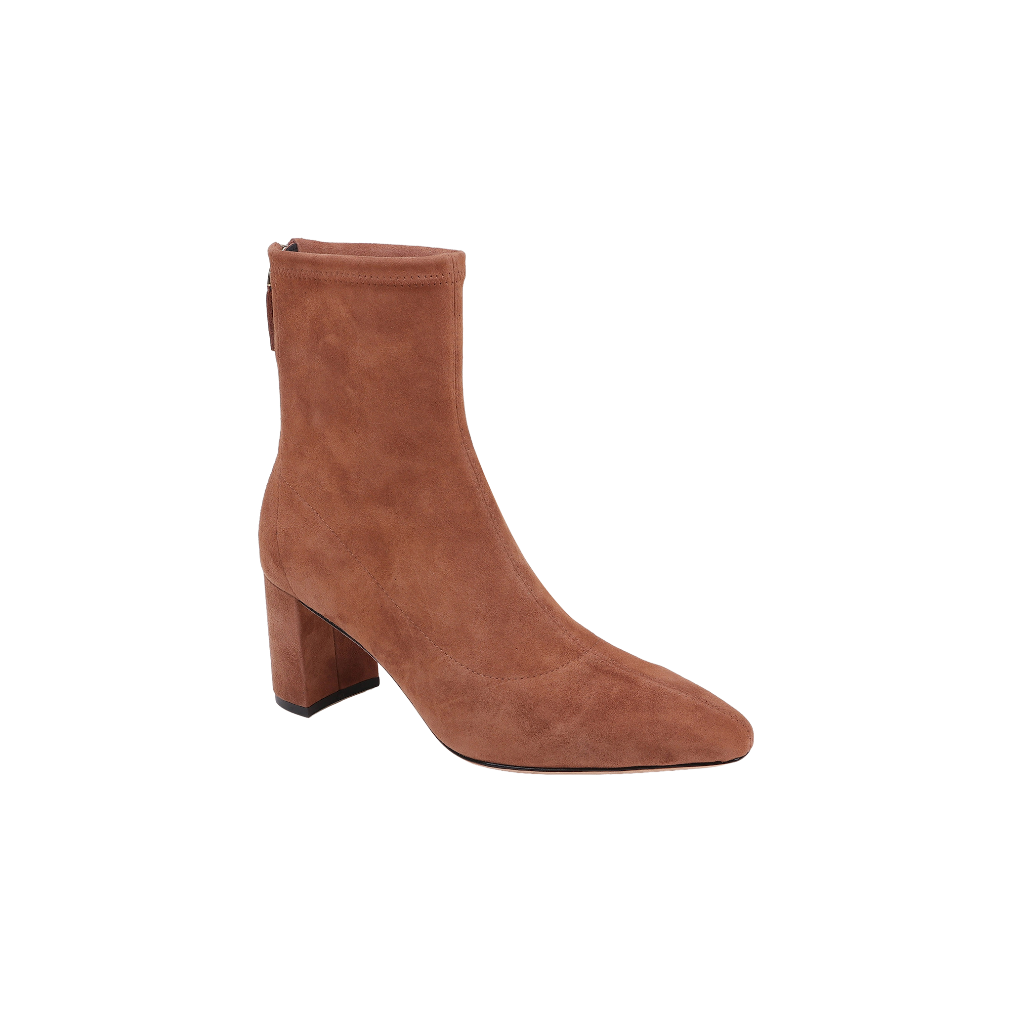 The Salome Stretch Suede Boot is shown as a single brown ankle boot with a block heel and a back zipper, displayed on a white background.