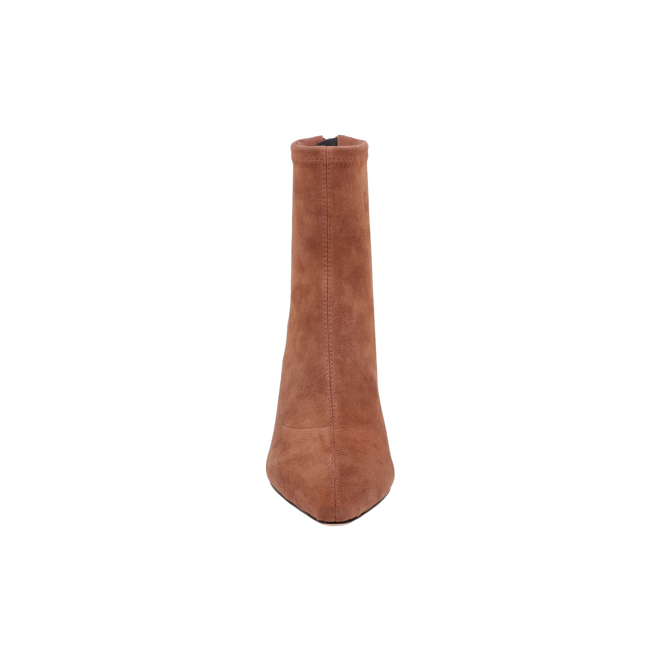 Front view of the Salome Stretch Suede Boot in brown, featuring a pointed toe and block heel, isolated on a white background.