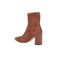 Salome Stretch Suede Boot in brown suede, featuring a block heel and pointed toe with a visible back zipper. The boot is photographed from the left side against a plain white background.