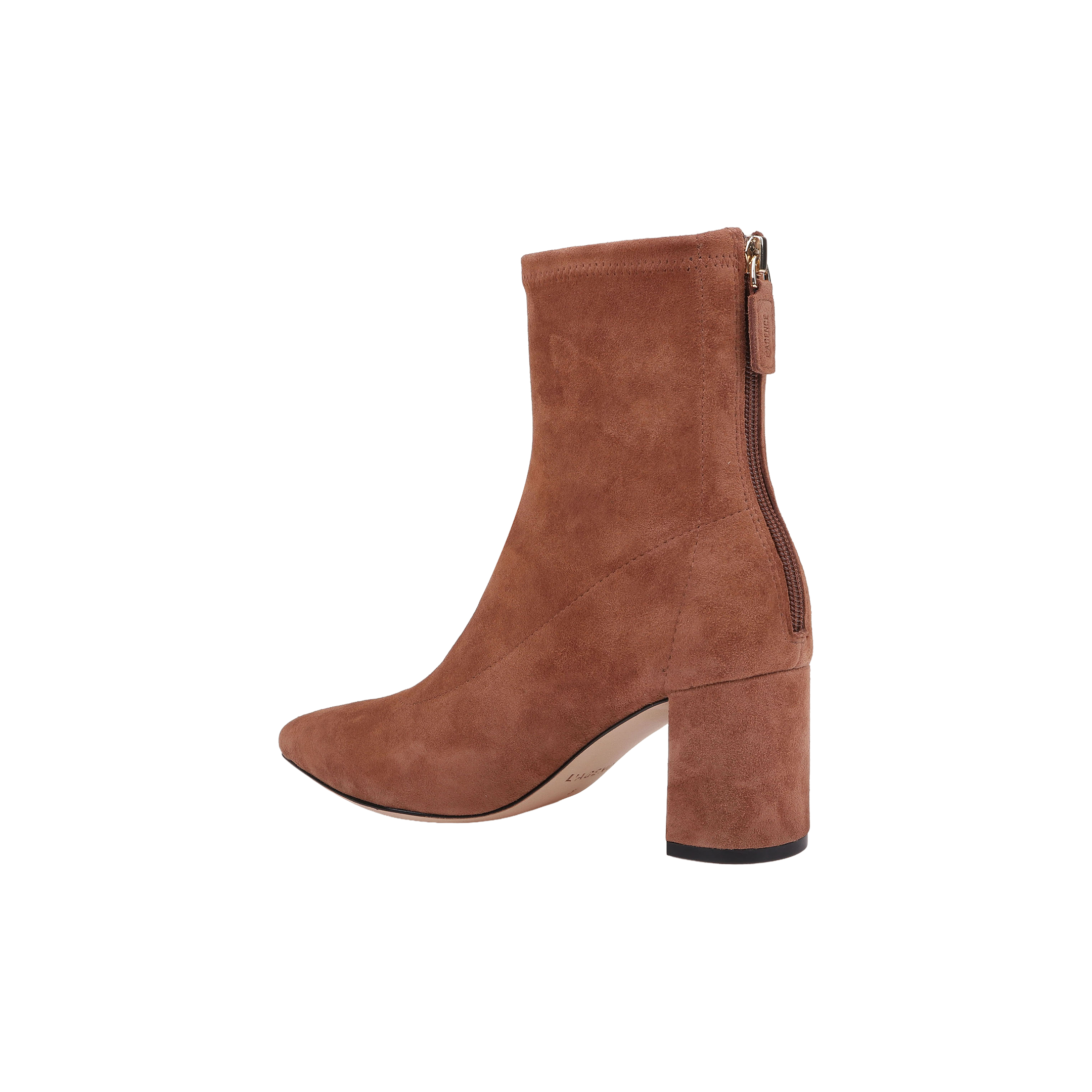 Salome Stretch Suede Boot in brown suede, featuring a block heel and pointed toe with a visible back zipper. The boot is photographed from the left side against a plain white background.