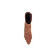 Top view of the Salome Stretch Suede Boot in brown, featuring a pointed toe, block heel, and visible back zipper, set against a plain white background.