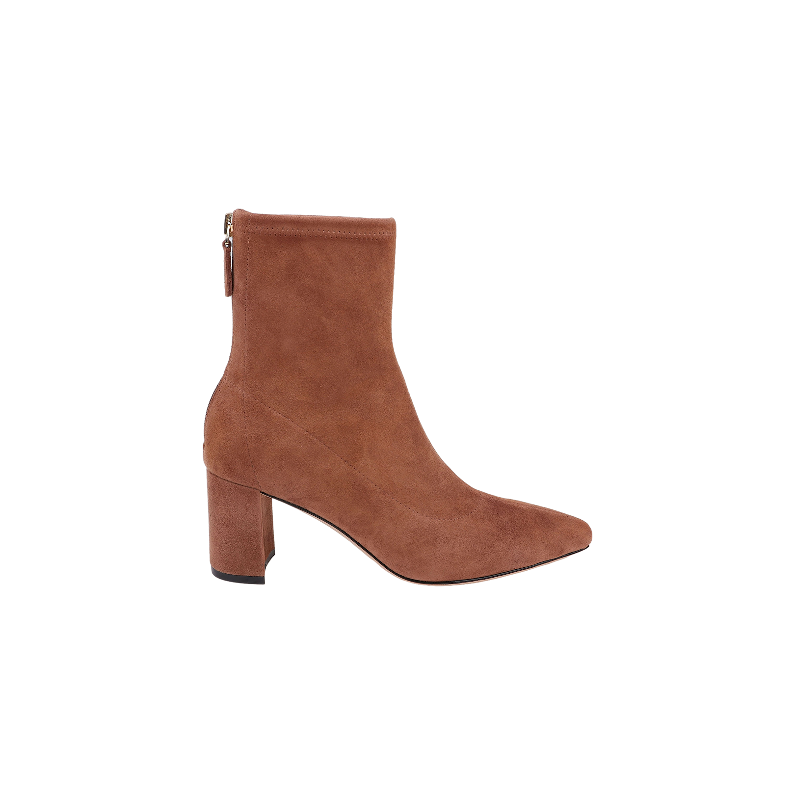 The Salome Stretch Suede Boot, featuring a brown suede finish, pointed toe, mid-high block heel, and a back zipper, is displayed on a plain white background.