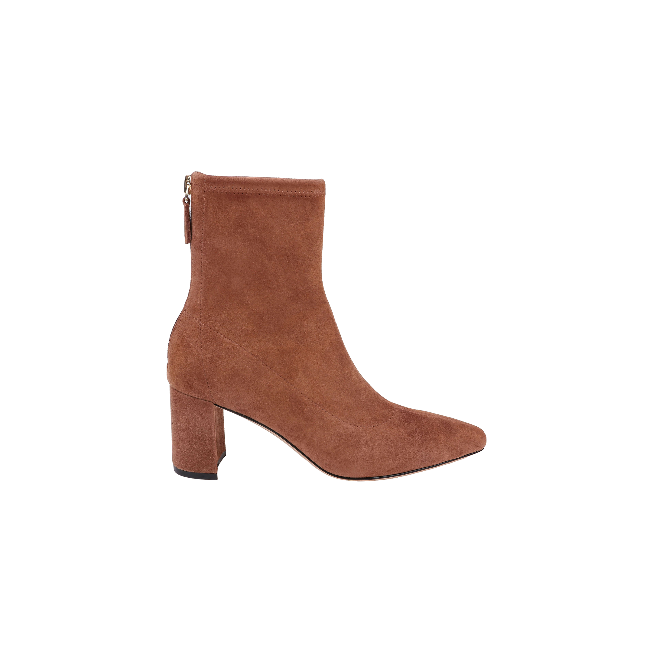 The Salome Stretch Suede Boot, featuring a brown suede finish, pointed toe, mid-high block heel, and a back zipper, is displayed on a plain white background.